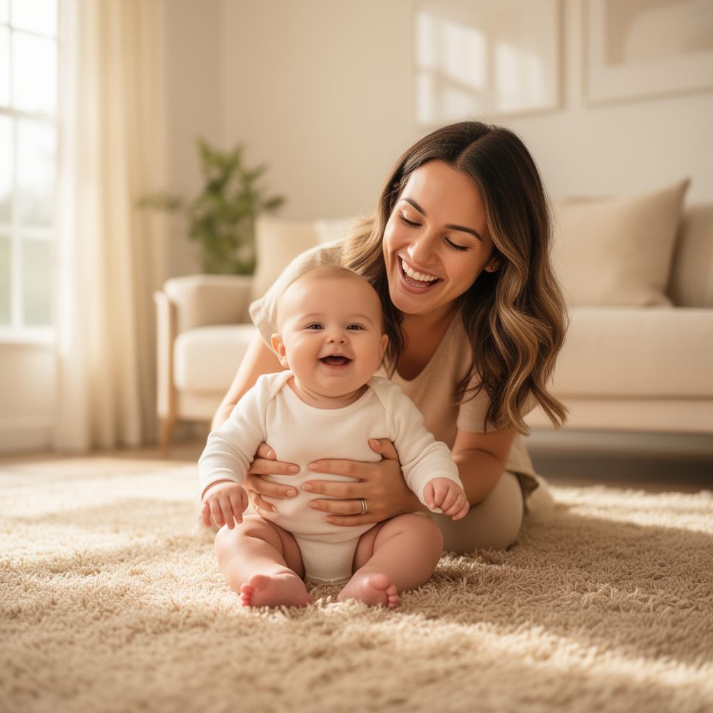 Mamá sonriendo y jugando con su bebé feliz en casa